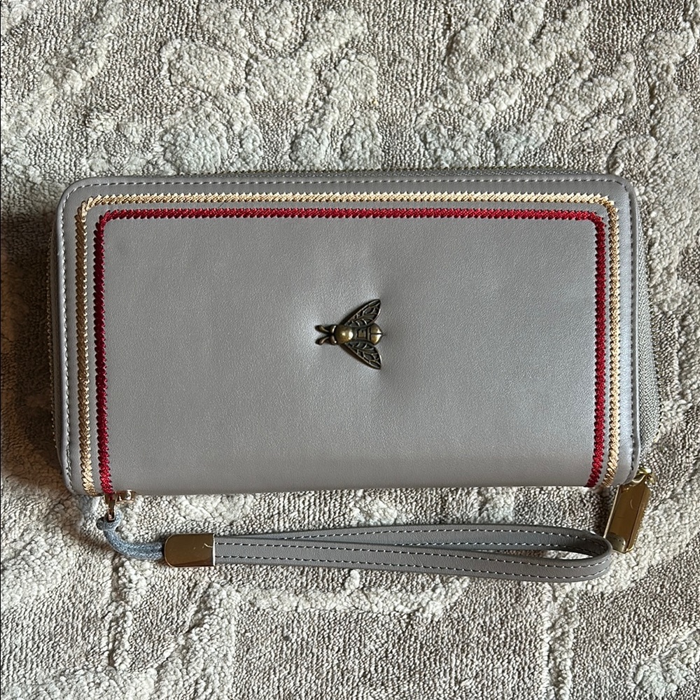 Gray Leather Wallet with Bee Accent